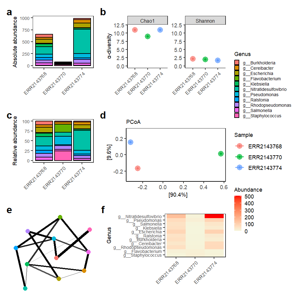 Metagenomics analysis results showing absolute and relative abundance bar plots, alpha diversity (Chao1 and Shannon), beta diversity PCoA, co-occurrence network, and genus-level heatmap generated by TaxoFlow pipeline on Thoa